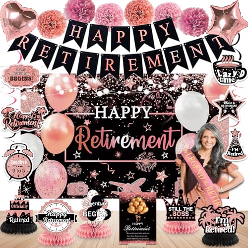 Bolake Retirement Party Decorations Women Rose Gold Happy Retire Decorations Happy Retired Banner Backdrop Honeycomb Centerpiece Sash Greeting Card Hanging Swirls Retirements Party Supplies - Image 1