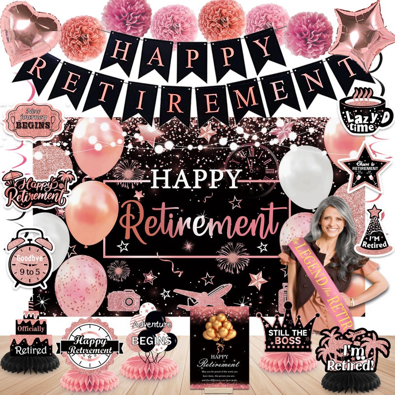 Bolake Retirement Party Decorations Women Rose Gold Happy Retire Decorations Happy Retired Banner Backdrop Honeycomb Centerpiece Sash Greeting Card Hanging Swirls Retirements Party Supplies - Image 2