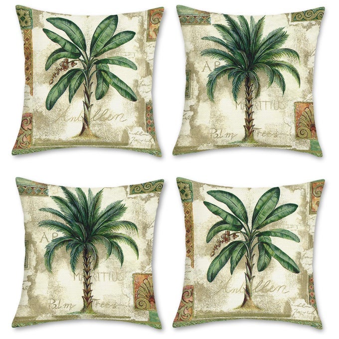 TROPICAL PALM TREE THROW PILLOW COVERS 18 X 18 INCH SUMMER GREEN LEAF OUTDOORS DECORATIVE PILLOW CASES POLYESTER LINEN CUSHION COVERS FOR COUCH SOFA HOME DECOR SET OF 4