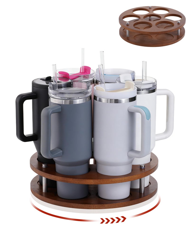 FAITIO Rotating Wood Tumbler Organizer, 30 oz 40 oz Spinning Turnable Tumblers Holder, 360Â° Rotatable 7 Large Cups Bottle Tumbler Storage Display Stand, Rotate Syrup Organizer for Cabinet Countertop - Image 1