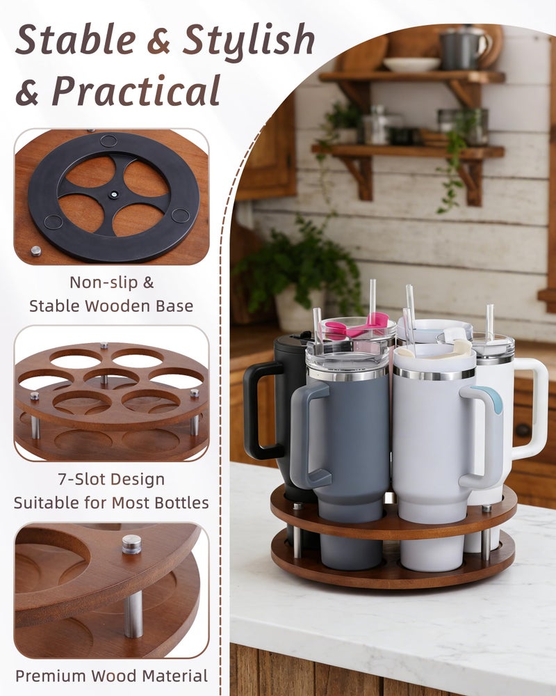 FAITIO Rotating Wood Tumbler Organizer, 30 oz 40 oz Spinning Turnable Tumblers Holder, 360Â° Rotatable 7 Large Cups Bottle Tumbler Storage Display Stand, Rotate Syrup Organizer for Cabinet Countertop - Image 4