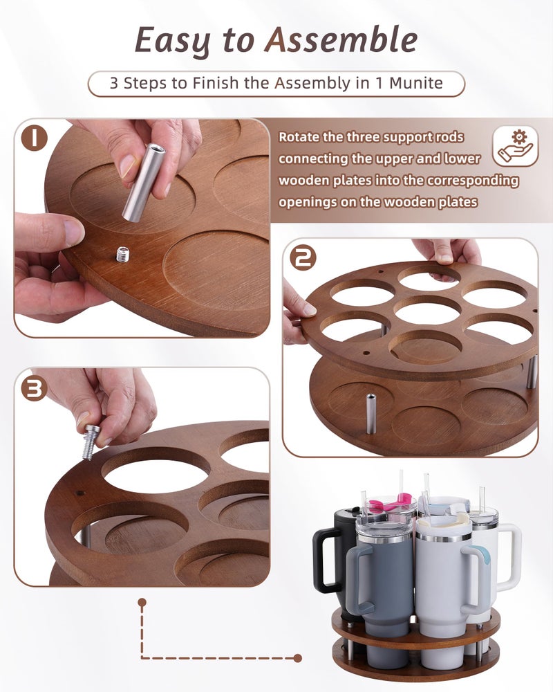 FAITIO Rotating Wood Tumbler Organizer, 30 oz 40 oz Spinning Turnable Tumblers Holder, 360Â° Rotatable 7 Large Cups Bottle Tumbler Storage Display Stand, Rotate Syrup Organizer for Cabinet Countertop - Image 3