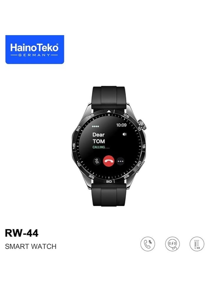 Haino Teko Germany RW44 Round Screen AMOLED Display Smart Watch With 3 Pair Straps and Wireless Charger For Gents and Boys Black - Image 5