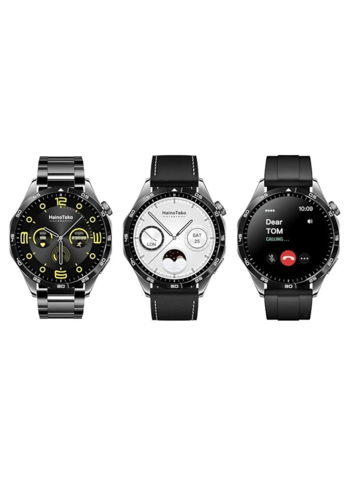 Haino Teko Germany RW44 Round Screen AMOLED Display Smart Watch With 3 Pair Straps and Wireless Charger For Gents and Boys Black - Image 1