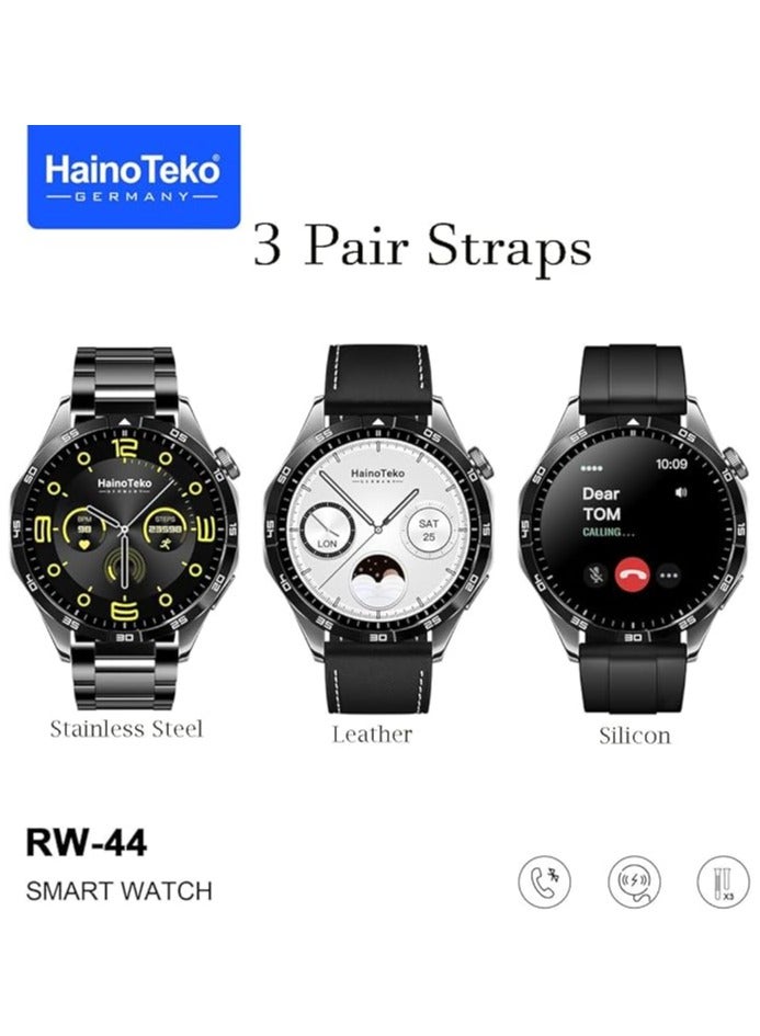 Haino Teko Germany RW44 Round Screen AMOLED Display Smart Watch With 3 Pair Straps and Wireless Charger For Gents and Boys Black - Image 2
