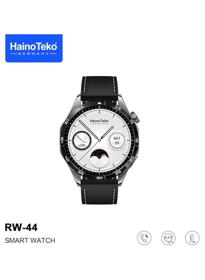 Haino Teko Germany RW44 Round Screen AMOLED Display Smart Watch With 3 Pair Straps and Wireless Charger For Gents and Boys Black - Image 4