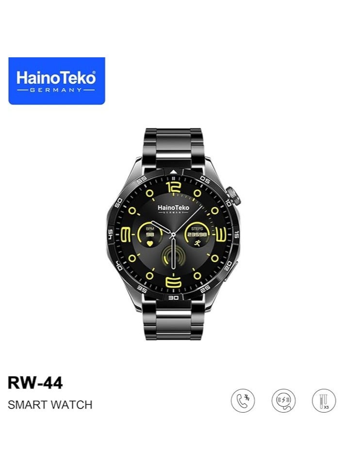 Haino Teko Germany RW44 Round Screen AMOLED Display Smart Watch With 3 Pair Straps and Wireless Charger For Gents and Boys Black - Image 3
