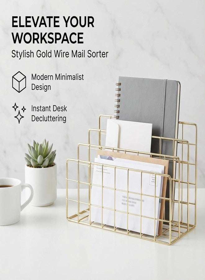 Simmer Stone Letter SorterOrganizer for Desk, Premium Plated Metal Mail Holder, 3-Slot Ultra-Stable Non-Wobbling Desktop Organizer for Envelopes, Documents, Palettes, 9.5 x 4.7 x 6 Inche, Gold - Image 2