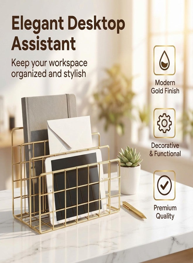 Simmer Stone Letter SorterOrganizer for Desk, Premium Plated Metal Mail Holder, 3-Slot Ultra-Stable Non-Wobbling Desktop Organizer for Envelopes, Documents, Palettes, 9.5 x 4.7 x 6 Inche, Gold - Image 3