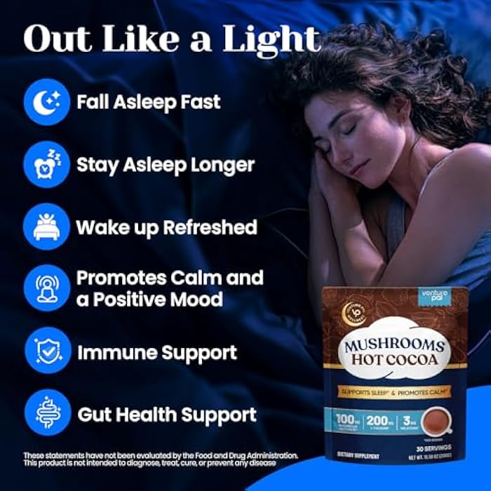 Venture Pal Natural Mushroom Hot Cocoa for Sleep, 3mg Melatonin with Magnesium Glycinate, Reishi & L-Theanine, Sugar Free, 30 Servings - Image 2