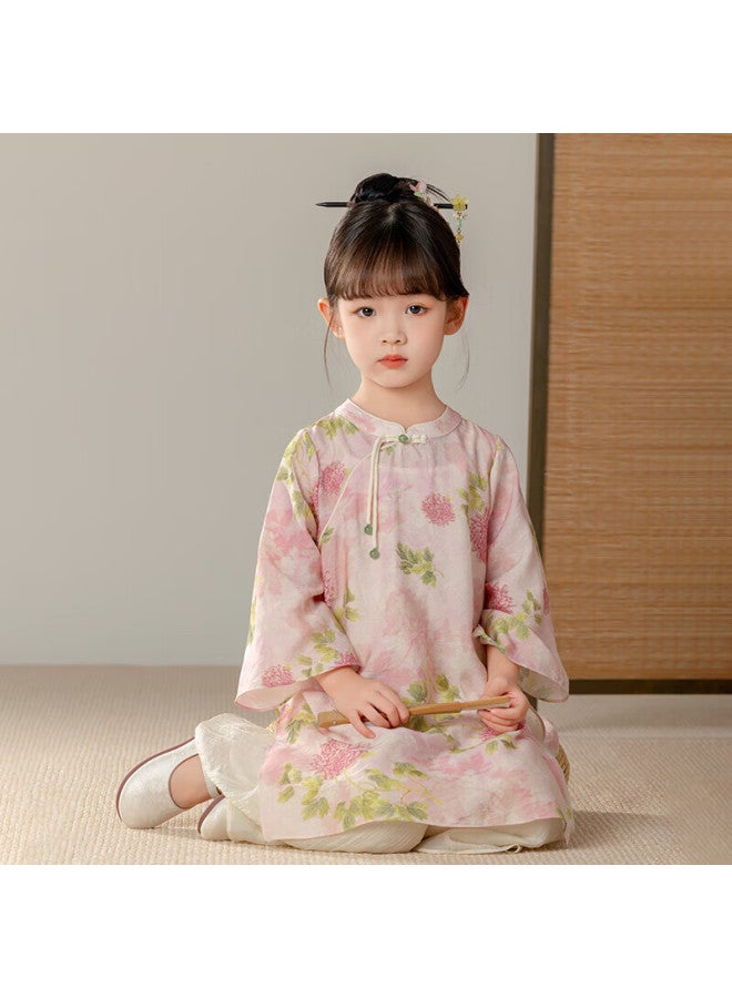 Cute Menghu Ruyi Girls' New Chinese Style Suit Oriental Luxury Parent-child Pink Floral 165 - Image 1
