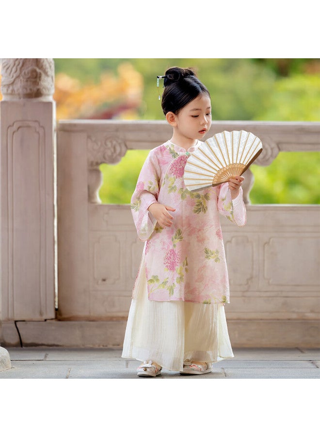 Cute Menghu Ruyi Girls' New Chinese Style Suit Oriental Luxury Parent-child Pink Floral 165 - Image 2