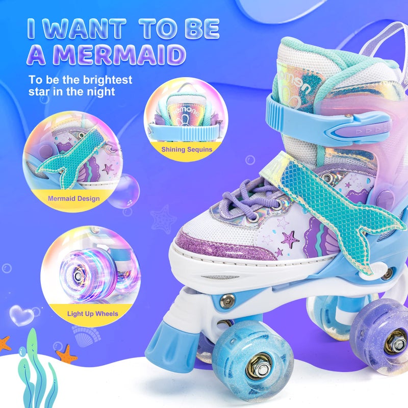 NEMONE Mermaid 4 Size Adjustable Light up Roller Skates for Girls, Blue Purple Skates for Toddlers, Beginner Kids Roller Skates Indoor Outdoor (Blue S) - Image 3
