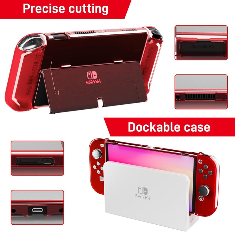 حافظة RHOTALL 3 في 1 حمراء شفافة لجهاز Nintendo Switch، تتوافق مع الهيكل الأساسي للجهاز ووحدة التحكم Joycon، تتميز بمقبض مريح وتصميم يمنع الصدمات والخدوش، بالإضافة إلى وظيفة الربط بالقاعدة. - Image 3