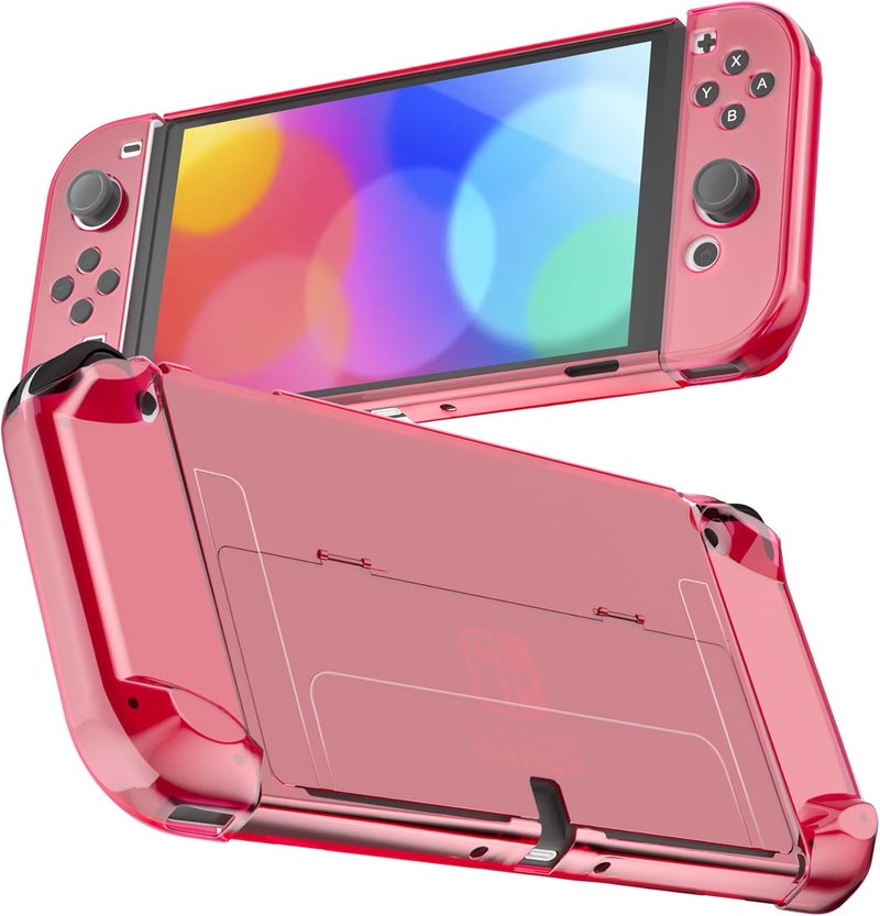 حافظة RHOTALL 3 في 1 حمراء شفافة لجهاز Nintendo Switch، تتوافق مع الهيكل الأساسي للجهاز ووحدة التحكم Joycon، تتميز بمقبض مريح وتصميم يمنع الصدمات والخدوش، بالإضافة إلى وظيفة الربط بالقاعدة. - Image 1