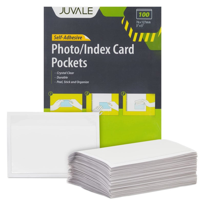 Juvale 100-Pack Clear Index Card Pockets - 3.6 x 5.25 in Plastic Sleeves - Adhesive Label Pockets for Storage Bin & Shelf Labels - Image 1