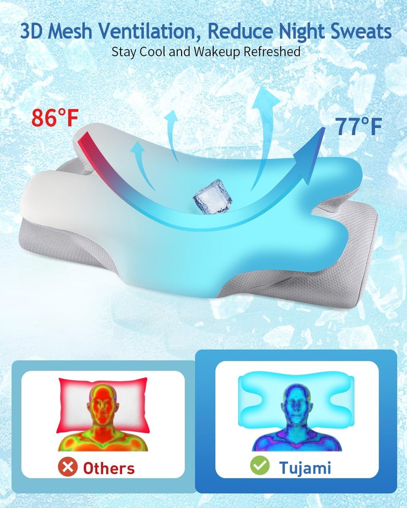 Tujami Cervical Neck Pillow for Pain Relief Sleeping, Cooling Ergonomic Contour Side Sleeper Pillow for Neck Support, Odorless Soft Memory Foam Orthopedic Bed Rest Pillow for Back Stomach Sleeper, Grey - Image 3