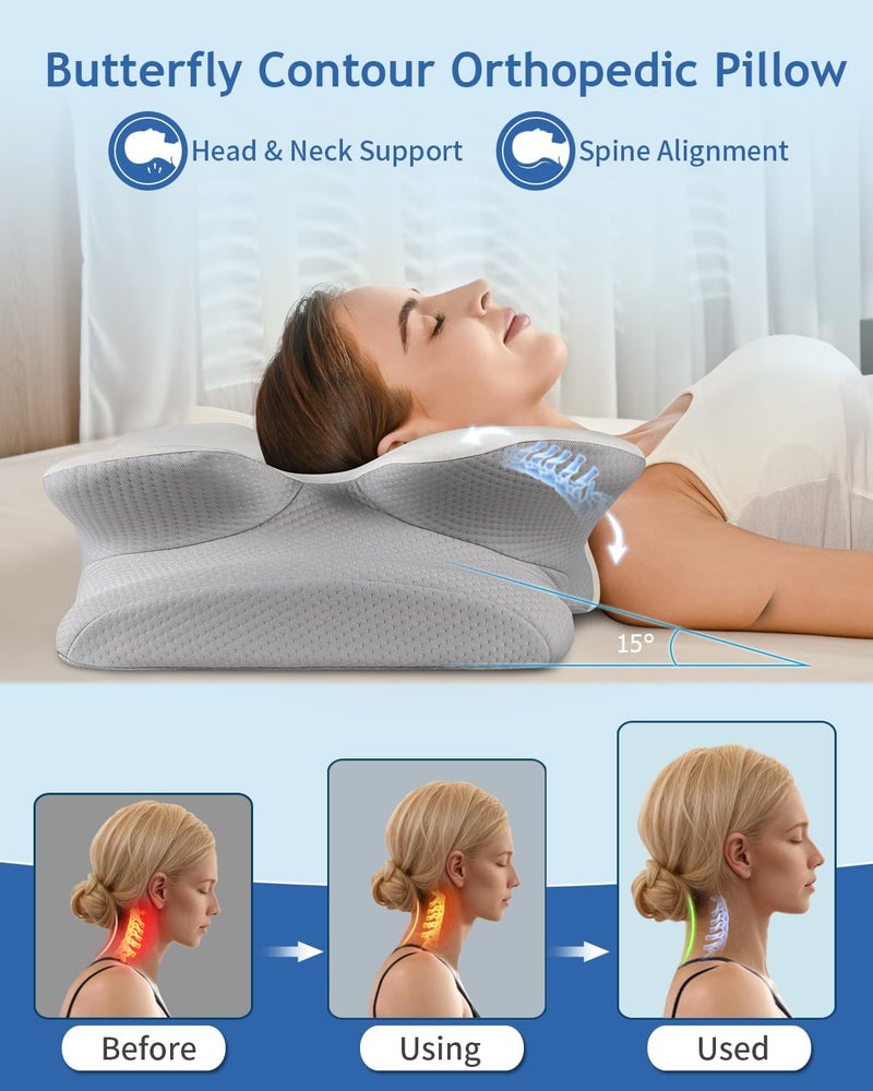 Tujami Cervical Neck Pillow for Pain Relief Sleeping, Cooling Ergonomic Contour Side Sleeper Pillow for Neck Support, Odorless Soft Memory Foam Orthopedic Bed Rest Pillow for Back Stomach Sleeper, Grey - Image 5