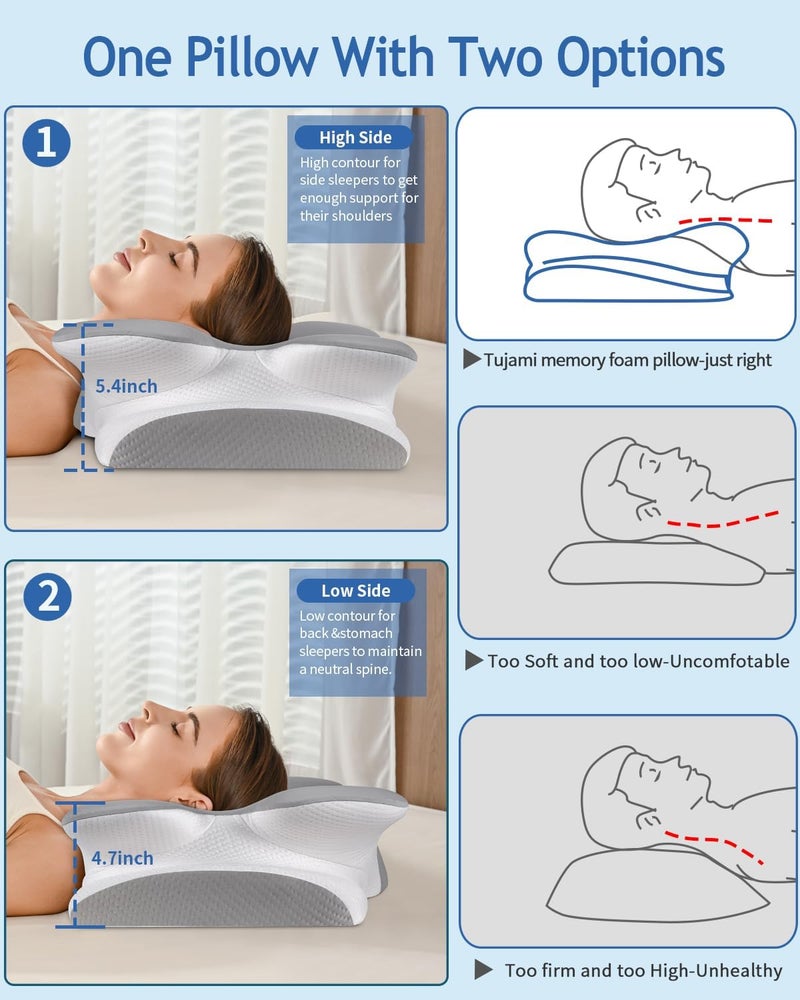 Tujami Cervical Neck Pillow for Pain Relief Sleeping, Cooling Ergonomic Contour Side Sleeper Pillow for Neck Support, Odorless Soft Memory Foam Orthopedic Bed Rest Pillow for Back Stomach Sleeper, Grey - Image 4
