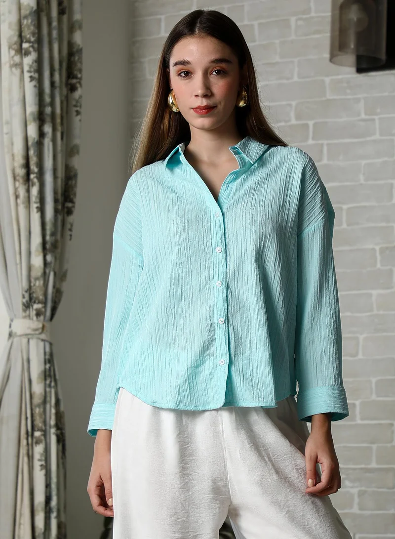 PINACOLADA Pinacolada Women's Aqua Blue Crumble-Veined Oversized Shirt For Casual Wear | Spread Collar | Long Cuffed Sleeves | Button Closure | Oversized Shirt Designed With Comfortable Fit For Woman & Girls