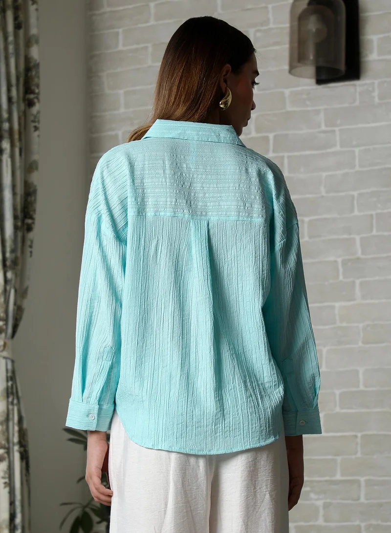 PINACOLADA Women's Aqua Blue Crumble-Veined Oversized Shirt For Casual Wear | Spread Collar | Long Cuffed Sleeves | Button Closure | Oversized Shirt Designed With Comfortable Fit For Woman & Girls