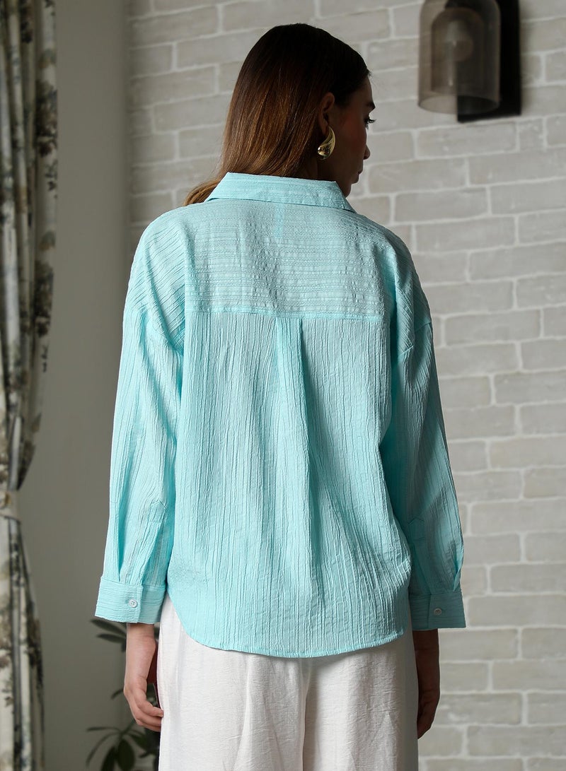 PINACOLADA Pinacolada Women's Aqua Blue Crumble-Veined Oversized Shirt For Casual Wear | Spread Collar | Long Cuffed Sleeves | Button Closure | Oversized Shirt Designed With Comfortable Fit For Woman & Girls - Image 5