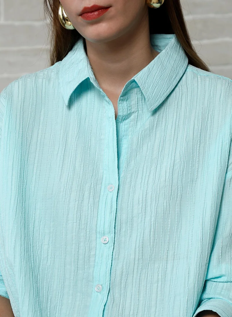 PINACOLADA Women's Aqua Blue Crumble-Veined Oversized Shirt For Casual Wear | Spread Collar | Long Cuffed Sleeves | Button Closure | Oversized Shirt Designed With Comfortable Fit For Woman & Girls
