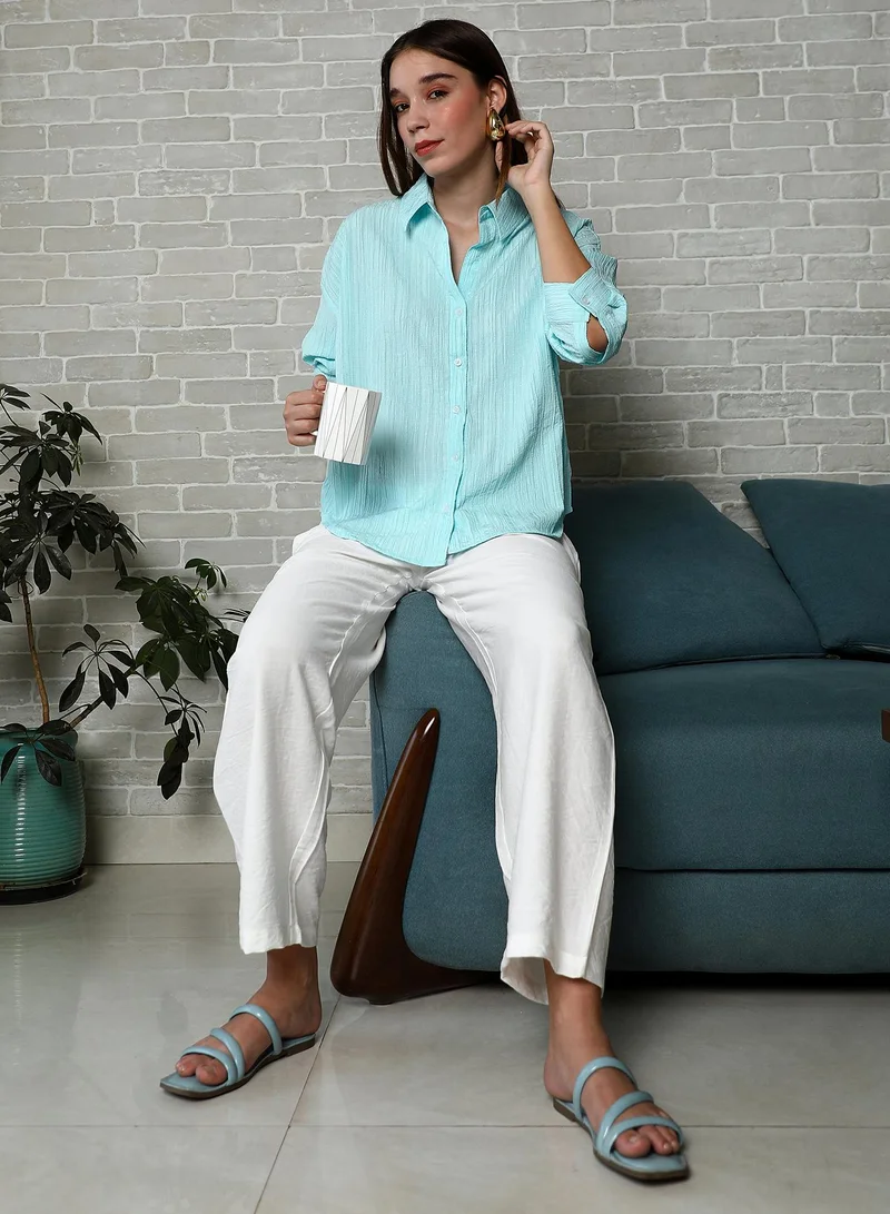 PINACOLADA Women's Aqua Blue Crumble-Veined Oversized Shirt For Casual Wear | Spread Collar | Long Cuffed Sleeves | Button Closure | Oversized Shirt Designed With Comfortable Fit For Woman & Girls