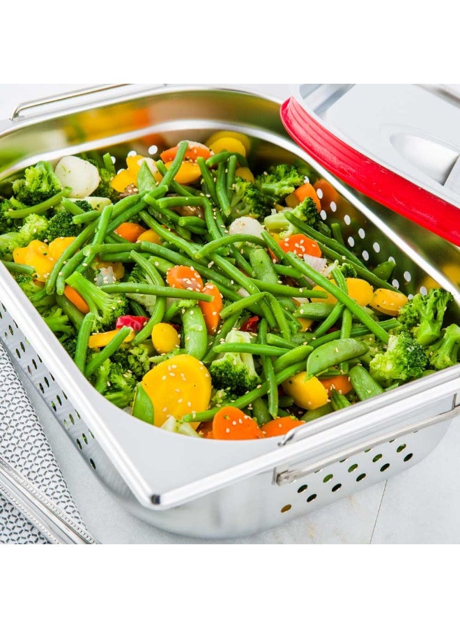 Restaurantware Perforated Steam Table Pan - Half Size - 4" Deep - Collapsible Handles - Anti Jam - Commercial Grade Stainless Steel - 1ct Box - Met Lux - Image 3