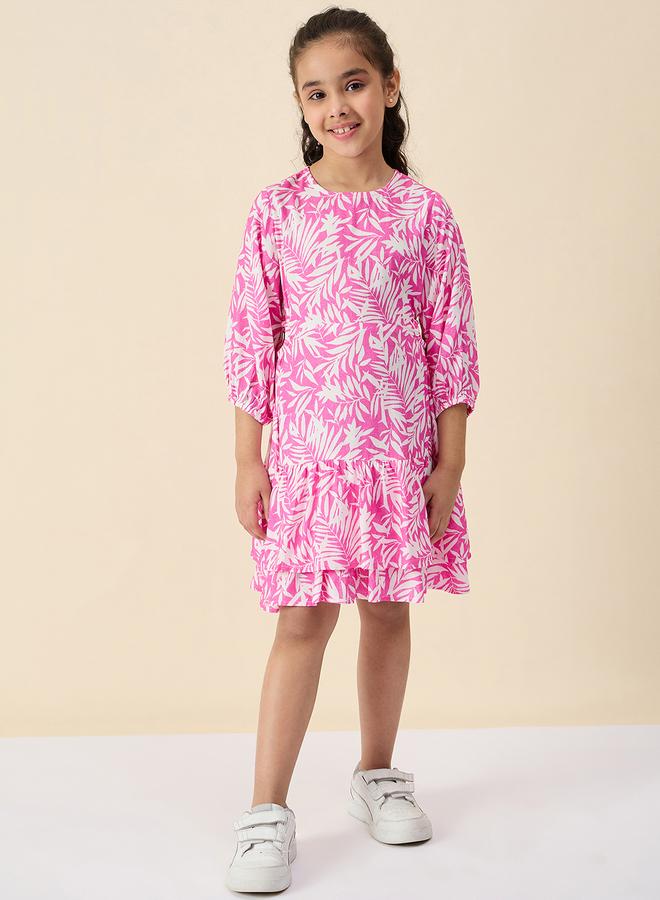 ستايلو بج فستان ستايلو بطبعة أوراق شجر بياقة مستديرة - Image 1