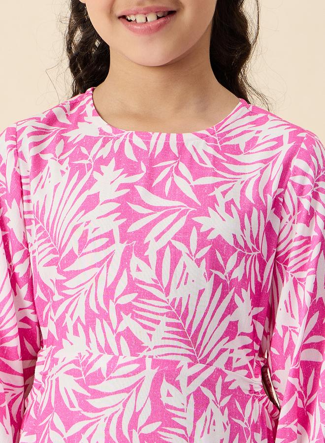 ستايلو بج فستان ستايلو بطبعة أوراق شجر بياقة مستديرة - Image 5