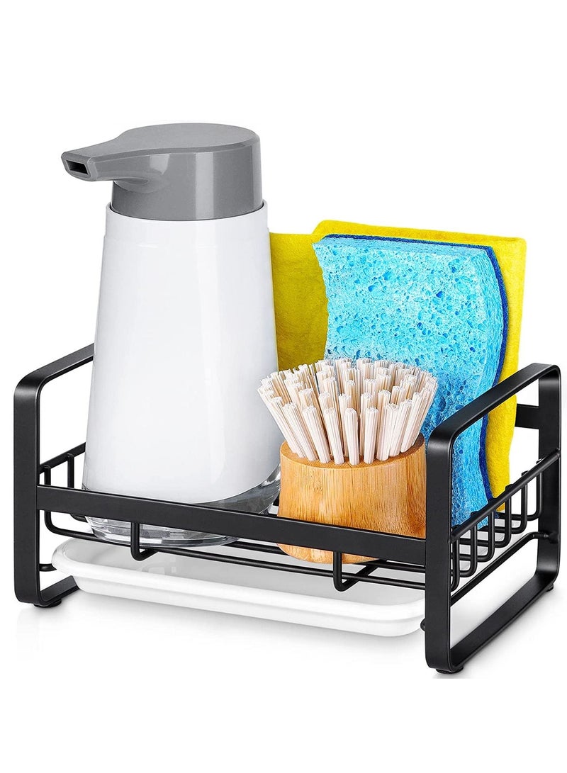 SYOSI حامل إسفنج حوض المطبخ، حامل حوض من الفولاذ المقاوم للصدأ 304 مع صينية تصريف قابلة للإزالة، حامل صابون الأطباق على سطح المطبخ، لا يشمل موزع وفرشاة، أسود - Image 1