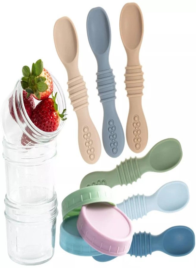 سبريك عبوة من ١٢ برطمانًا زجاجيًا لتخزين طعام الأطفال مزودًا بأغطية، عبوة من ٦ ملاعق سيليكون ذاتية التغذية للأطفال - برطمانات خالية من مادة BPA، مانعة للتسرب، وآمنة للاستخدام في الفريزر - Image 3