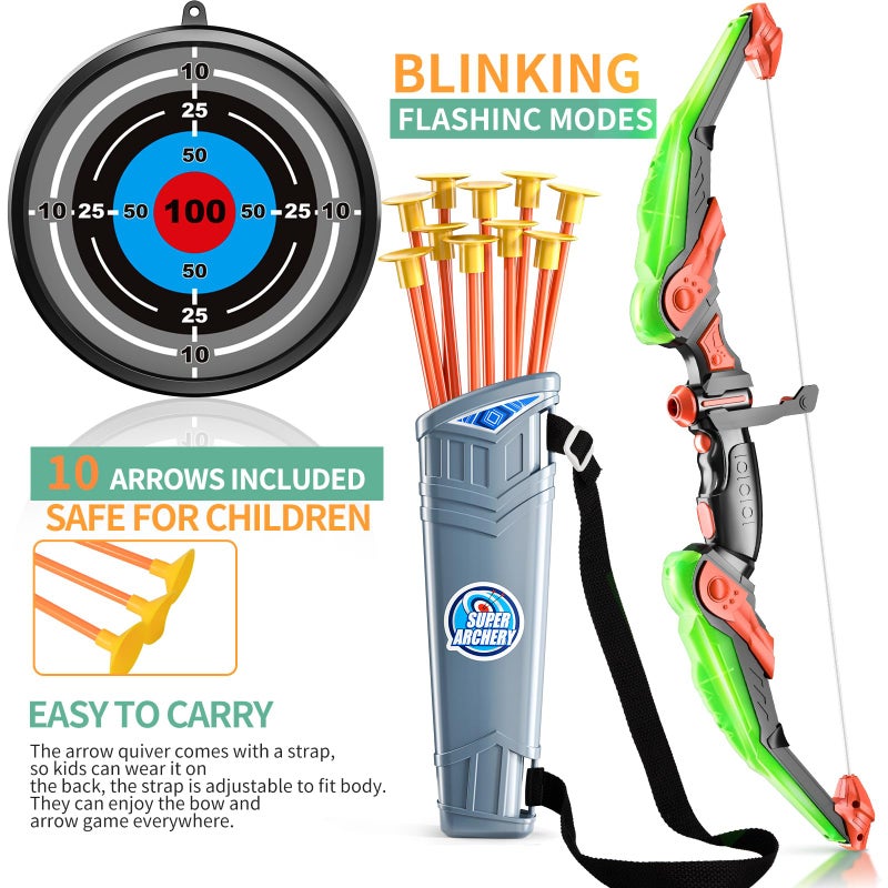 TEMI Kids Bow and Arrow Set - LED Light Up Archery Toy Set with 10 Suction Cup Arrows, Target & Quiver, Indoor and Outdoor Toys for Children Boys Girls - Image 3
