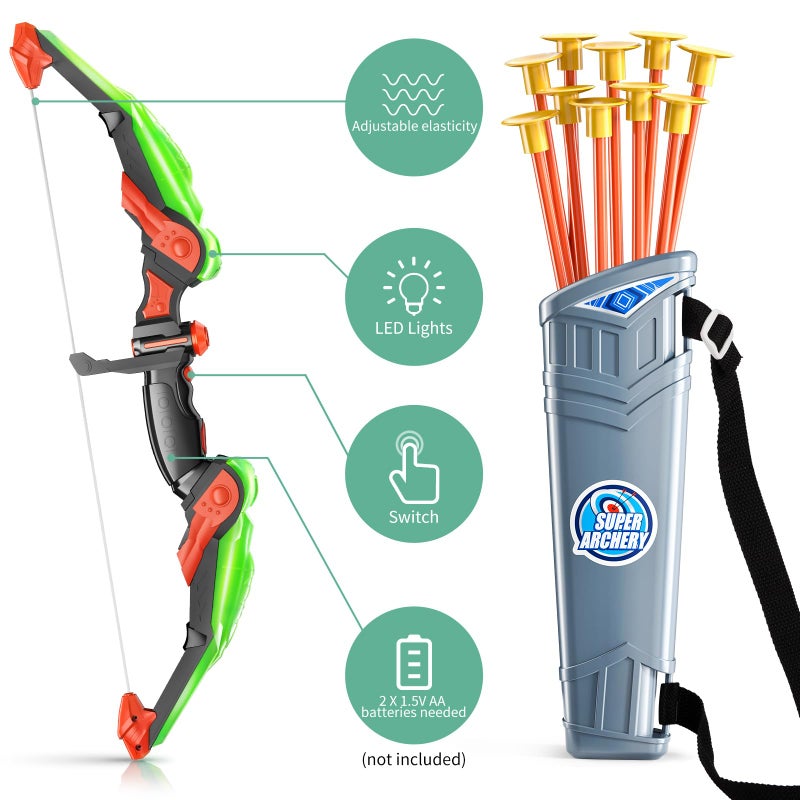 TEMI Kids Bow and Arrow Set - LED Light Up Archery Toy Set with 10 Suction Cup Arrows, Target & Quiver, Indoor and Outdoor Toys for Children Boys Girls - Image 4