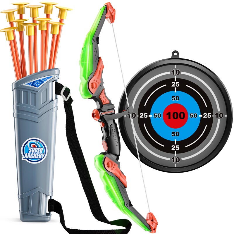TEMI Kids Bow and Arrow Set - LED Light Up Archery Toy Set with 10 Suction Cup Arrows, Target & Quiver, Indoor and Outdoor Toys for Children Boys Girls - Image 1
