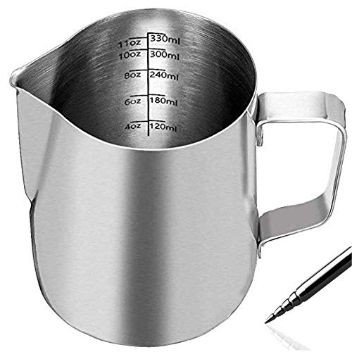 Homepixi Milk Frothing Pitcher (350ML) with Coffee Art Needle, 304 Stainless Steel Espresso Coffee Pitcher for Latte Art, Jug for Milk Frothing, Barista Tools for Cappuccino & Coffee - Image 1