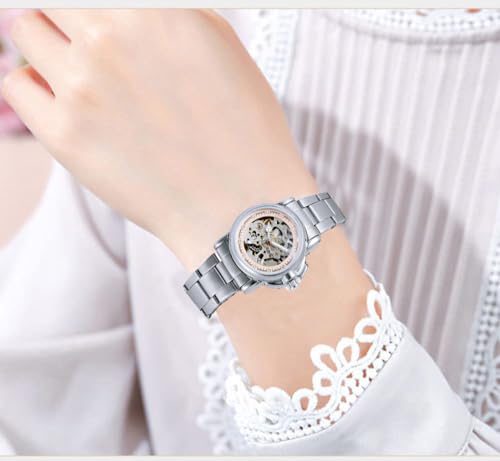 SENRUD Women's Automatic Watches Lady's Stainless Steel Skeleton Waterproof Automatic Wrist Watches Gift for Women (Silver) - Image 3