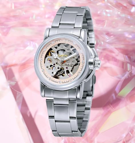 SENRUD Women's Automatic Watches Lady's Stainless Steel Skeleton Waterproof Automatic Wrist Watches Gift for Women (Silver) - Image 2
