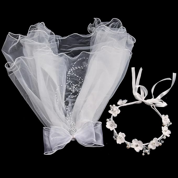 Merroyal Girls Communion Bow and Dangle Cross Charm with 24 Inch Veil on Hair Combwith White Floral Crown Crown with Cross Charm Veil One Size