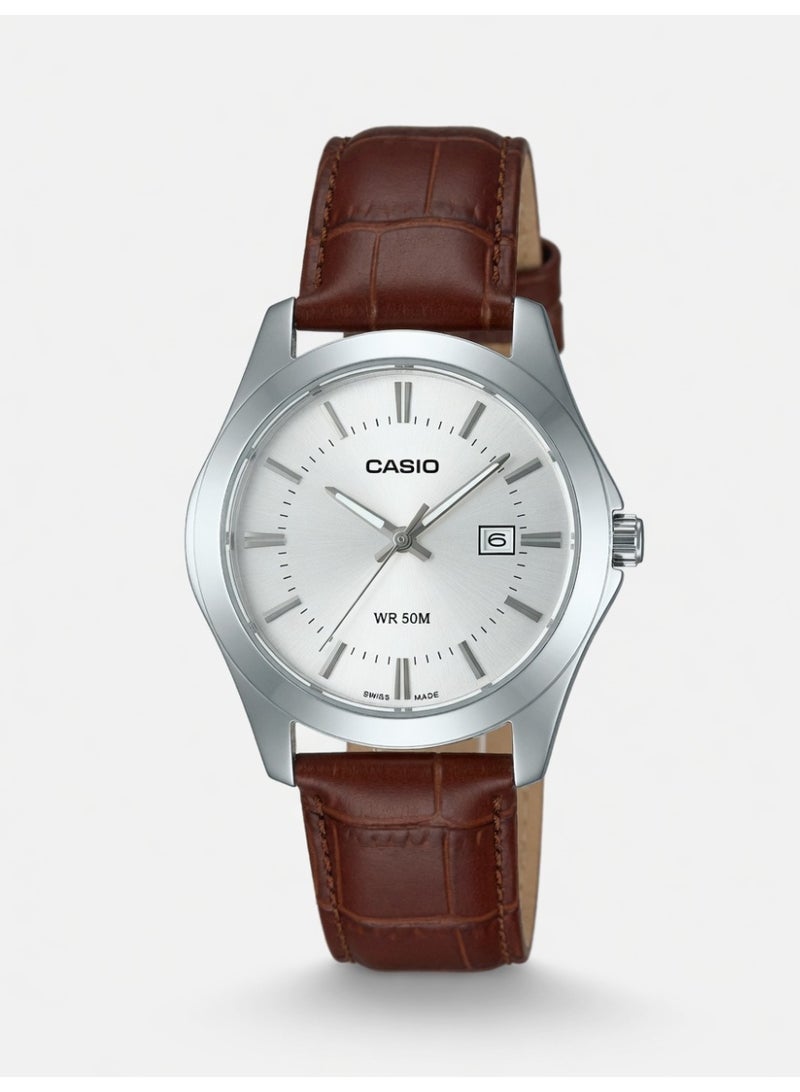 Casio Men's Classic Analog Watch - Silver Sunray Dial, Brown Leather Band - MTP-V004L-7B