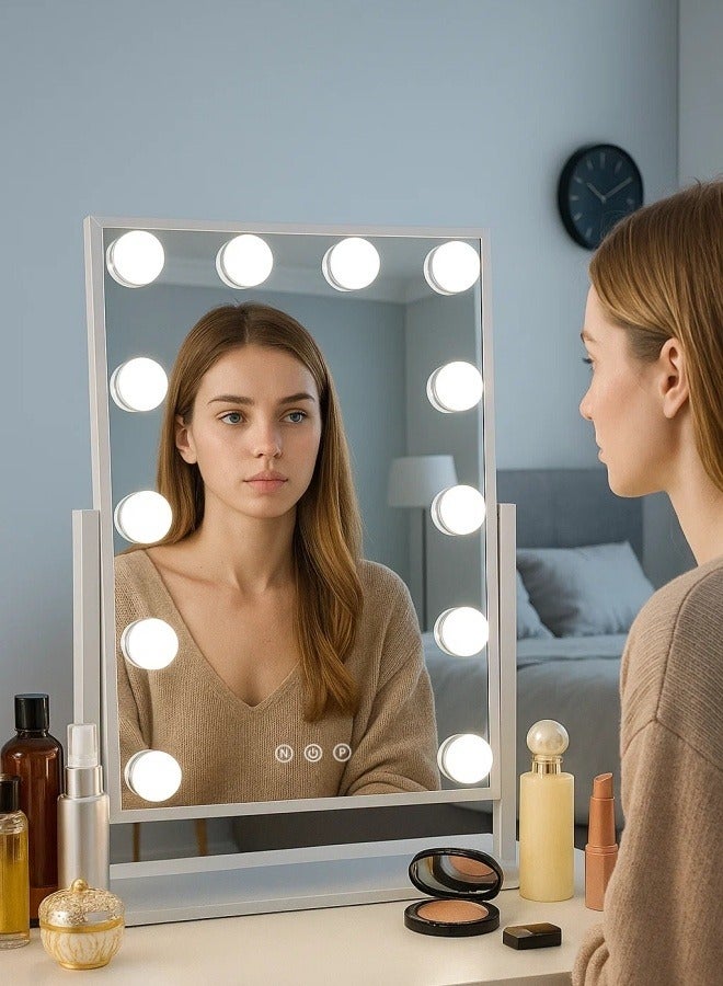 360° Rotating LED Makeup Mirror – Touch Control Vanity Mirror with Adjustable 3 Color Lights, Dimmable Bulbs, Anti-Slip Base  - Image 4