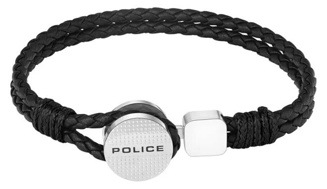 POLICE Deep-Set Silver Stainless Steel and Black Braided Leather Bracelet for Men 180mm