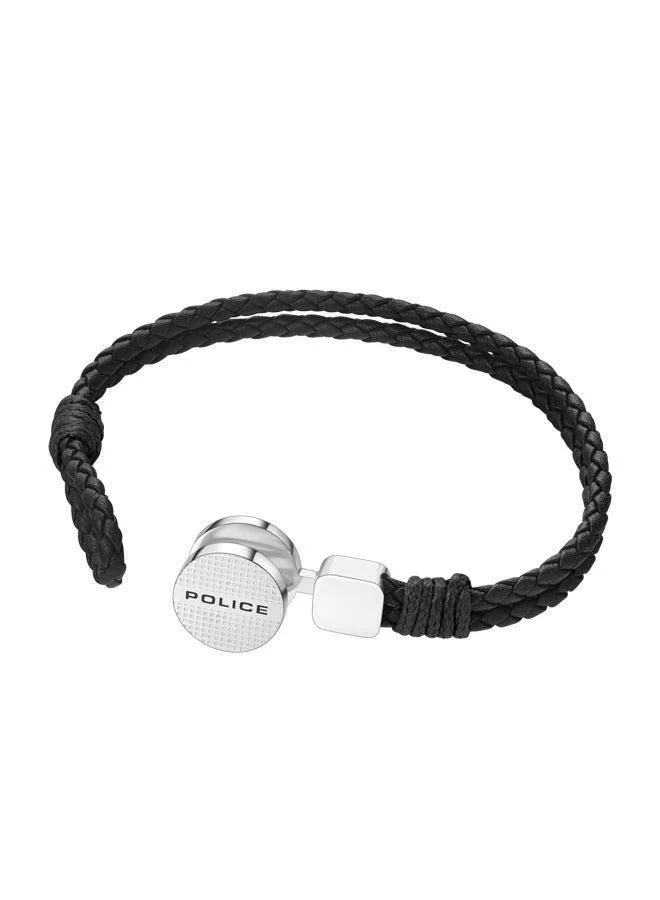 POLICE Deep-Set Silver Stainless Steel and Black Braided Leather Bracelet for Men 180mm