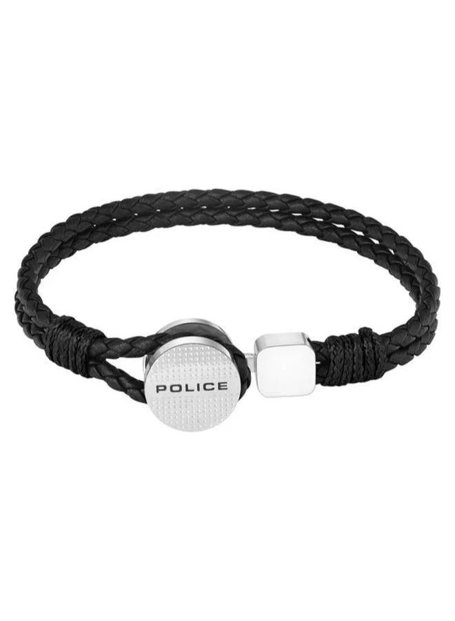 POLICE Deep-Set Silver Stainless Steel and Black Braided Leather Bracelet for Men 180mm