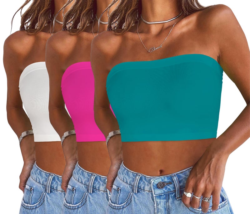 CHICGAL Womens Tube Tops Summer Bandeau Casual Crop Top Going Out Strapless Tank Basic Short Shirt(3 Pieces White,Neon Pink,Azure Blue,S) - Image 1