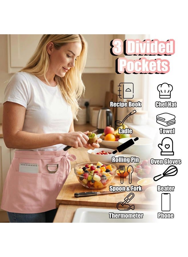 TOSHE Waist Apron with 3 Pockets Waterdrop Resistant Premium Cotton Waitress Apron 10 Color Option Server Apron (1, Powder Pink) - Image 2
