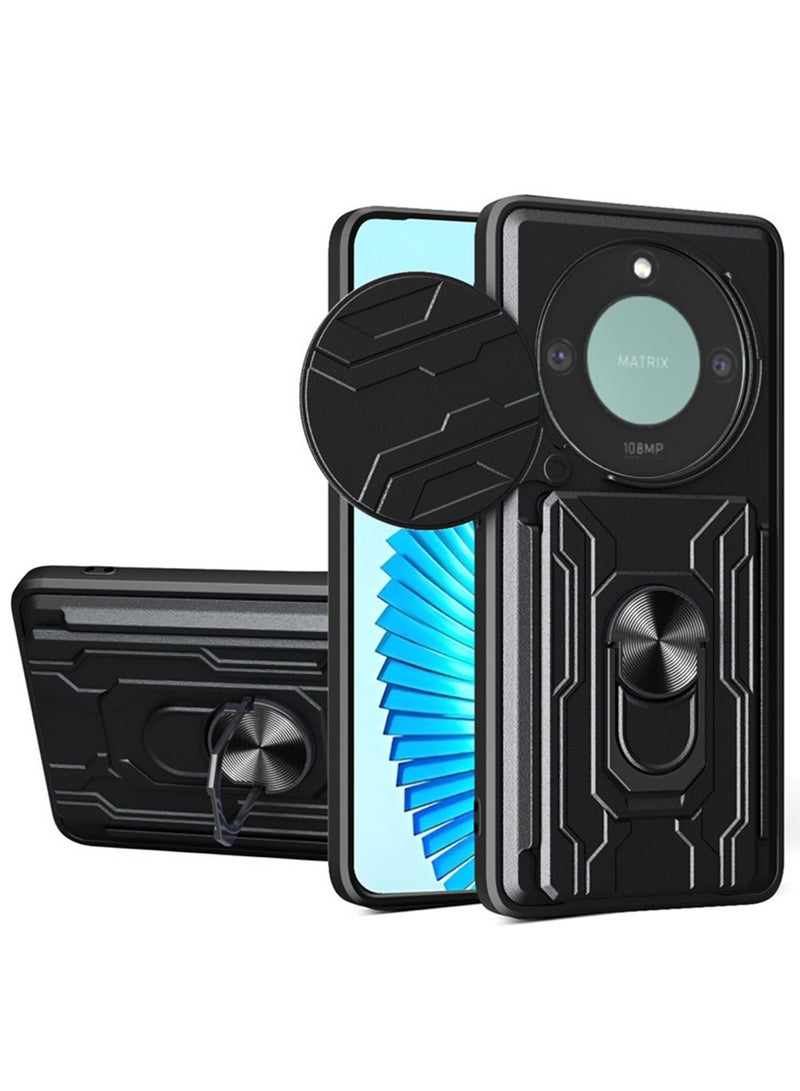 for Honor X9c Smart 5G Case, Card Holder & Slide Camera Lens Cover, Magnetic Ring Holder Kickstand Protective Phone Case for Honor X9c Smart 5G, Black - Image 1