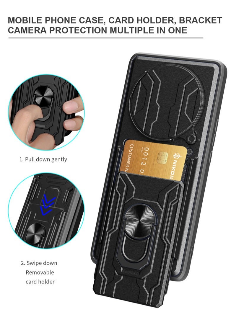 for Honor X9c Smart 5G Case, Card Holder & Slide Camera Lens Cover, Magnetic Ring Holder Kickstand Protective Phone Case for Honor X9c Smart 5G, Black - Image 2