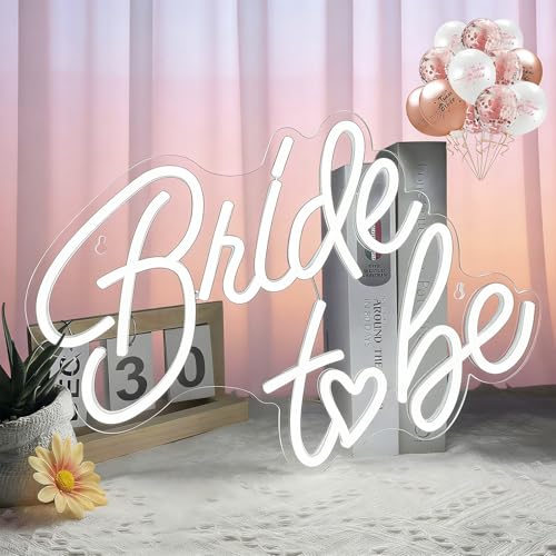 BerniceKelly Bride to be Neon Sign, 16.5 x 11.6 Inch White LED Neon Signs USB Wedding Neon Light Up Signs for Bridal Shower Bachelorette Engagement Party Backdrop with 15 Pcs Balloon - Image 1